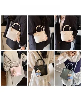 Collage of chic leather bucket bags in multiple colors with cute teddy bear charms