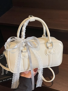 Sweet Balletcore Bow Lace PU Leather Handbag Women Niche Simple Versatile Bowling Crossbody Bag Fashion Daily Shoulder Bag