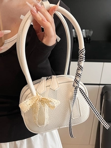White lychee leather bowling handbag with gingham ribbon and lace bow detail