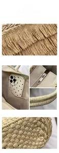 Détails du sac de plage en paille avec bords à franges et fermeture éclair métallique