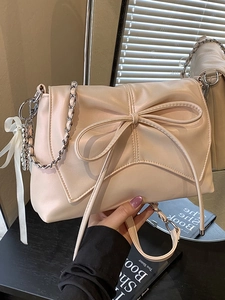 Trendy Women Balletcore Bow Pleated Underarm Bag PU Leather Elegant Chain Shoulder Crossbody Bag Versatile Casual Bag
