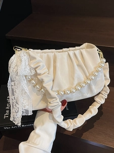 French Ruched Underarm Bag With Artificial Pearl Strap And Lace Bow Elegant Satin Look Pleated Shoulder Bag For Women Sweet Crossbody Bag