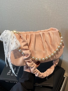 Pink pleated underarm bag with pearl strap and lace bow for french sweet style