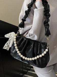 French style ruched underarm bag with elegant pearl chain and lace bow charm