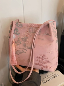 Sac Fourre-Tout Brodé De Style Néo-Chinois Rétro Motif Paysage Sac À Épaule En Satin Avec Gland Élégant Sac À Main Femme