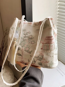 Sac cabas élégant de style chinois avec broderie de paysage et détail de gland