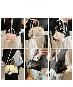 Collage of model wearing mini bowling bags in pink, white, yellow and black options