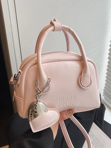 Women PU Leather Bowling Bag Korean Sweet Creamy Boston Handbag Versatile Commuter Fashionable Crossbody Bag With Heart Charm