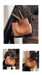 Detail of high-quality brown PU leather tote bag with side pockets and smooth texture