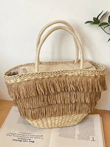 Sac Fourre-tout en Paille Tissé Bohème pour Femmes Été Plage Vacances Gland Sac à Main en Paille Avec Fermeture Éclair Grande Capacité Sac à Épaule