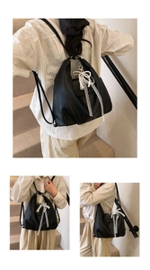 Multiple views of a black PU leather backpack with elegant pearl and lace bow decoration