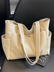 French Minimalist Large Capacity Soft PU Leather Tote Bag For Women Casual Commuting Shoulder Bag With Crinkled Texture