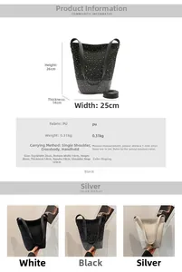 Infographic showing dimensions and details of the large capacity PU bucket bag for women