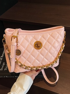 Trendy Women Quilted Rhombus Bucket Bag Chic PU Leather Crossbody Bag With Golden Chain Decor Zipper Closure Evening Purse