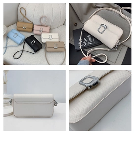 Detail view of colorful minimalist crossbody bags with textured leather and metal buckles