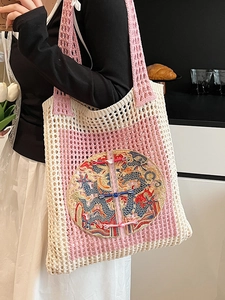 Pink and white woven tote bag with Chinese dragon embroidery and traditional knots