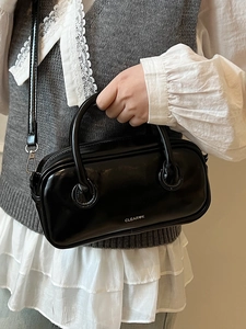 Glossy black patent leather Boston bag with CLEAR❤K logo and detachable shoulder strap
