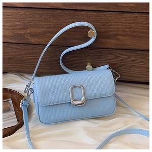Light blue textured PU leather crossbody bag with elegant silver U-shaped metal buckle