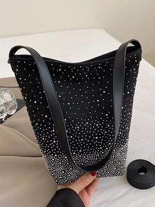 Elegant black suede bucket bag with gradient silver rhinestones and leather handles