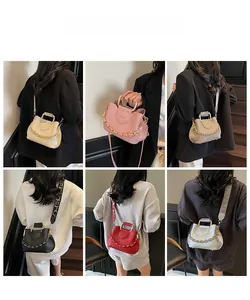 Litchi texture bucket bag with gold ring handle shown in multiple colors on models