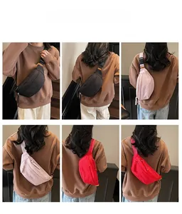 Detailed views of multi-color nylon waist bags in black, pink, and red with wide straps