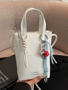 Korean Style Women Mini Crossbody Bag PU Leather Mobile Phone Bag Serendipity Letter Print Small Bucket Bag With Woven Handle For Commuting Everyday Jewelry Bag