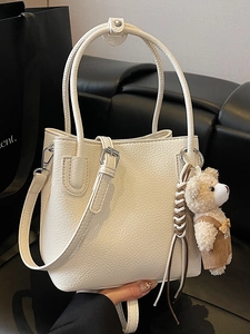 Women Solid Color PU Leather Bucket Bag Top Handle Crossbody Purse With Plush Bear Charm Daily Fashion Handbag