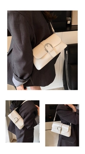 Detailed views of a cream rectangular leather shoulder bag with a silver round buckle