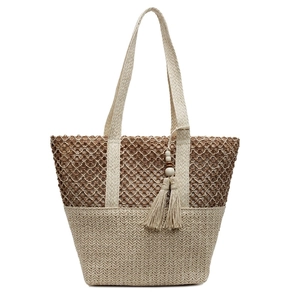 Sac cabas en paille tissé à la main avec motif bicolore et gland pour les vacances d'été