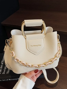 Women Minimalist Litchi Texture PU Leather Bucket Bag With Metal Handle Chain Decor Urban Simple Crossbody Shoulder Bag