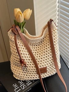 Sac Bandoulière Décontracté Tricoté Tissé pour Femmes Sac Cabas Crocheté Ajouré Avec Bandoulière en Cuir Léger pour Vacances