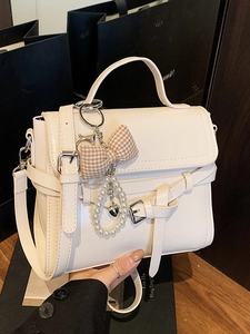 Minimalist PU Leather Small Square Handbag French Style Flap Bag With Bow Artificial Pearl Charm Versatile Crossbody Shoulder Bag