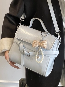 French minimalist light blue square handbag with pearl heart charm and shoulder strap