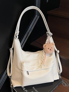 Women Large Capacity Soft PU Leather Shoulder Tote Bag With Bear Pendant Minimalist Solid Color Lychee Texture Hobo Bag