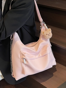 Pink crescent moon tote bag in lychee texture faux leather with silver chain and bear charm
