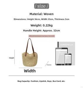 Size chart showing dimensions for the straw tote bag with A4 and iPad visual comparison