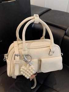 Korean Minimalist Boston Bag Women High Texture PU Leather Handbag Casual Versatile Crossbody Bag With Artificial Pearl Heart Pendant