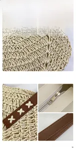 Close-up of woven straw texture with leather shoulder strap and metal zipper detail