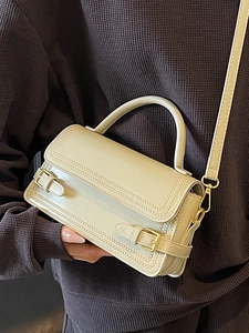 French vintage beige crossbody square bag with gold buckles and adjustable strap
