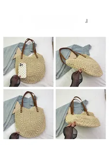 Detailed multi-angle views of large straw tote bag with brown straps and woven texture