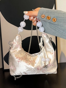 New Chinese Style Embroidered Satin Hobo Bag For Women Beaded Handle Plum Blossom Pattern Chain Crossbody Shoulder Bag