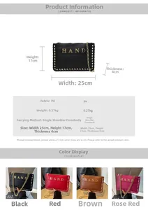 Detailed spec sheet and size chart for the woven envelope bag with gold chain strap