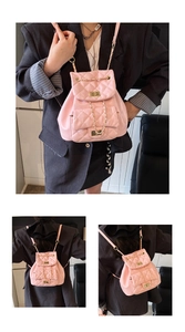Pink quilted leather mini backpack with gold chain straps shown in three model angles