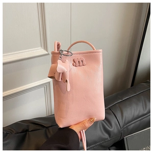 Pink lychee texture leather mini phone bag with letter m and cute elephant charm