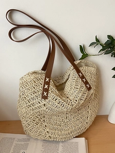 Women Casual Straw Tote Bag Large Capacity Handwoven Beach Shoulder Bag With PU Leather Strap Minimalist Vacation Tote