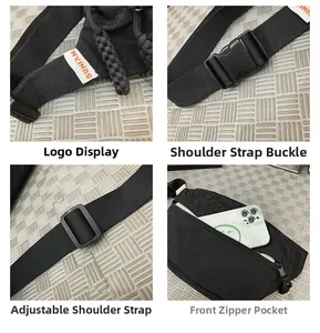 Vista dettagliata della fibbia regolabile e della tasca con zip della borsa in nylon