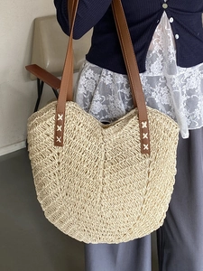 Large capacity handmade straw tote bag with brown leather straps for beach holidays