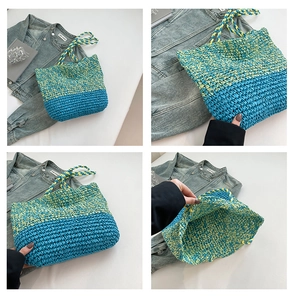 Détail de la texture tissée main du sac cabas bicolore bleu ciel et vert citron