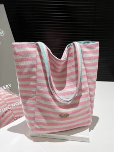 Women Casual Striped Canvas Tote Bag Large Capacity Handbag Artistic Contrast Color Shoulder Bag With Handmade Metal Tag