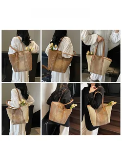 Multi-angle views of a straw tote bag with contrast stitching and leather shoulder straps